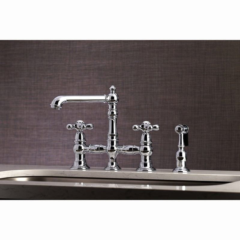 English Country Two-Handle 4-Hole Deck Mount Bridge Kitchen Faucet with Brass Sprayer