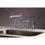 English Country Two-Handle 4-Hole Deck Mount Bridge Kitchen Faucet with Brass Sprayer