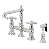 English Country Two-Handle 4-Hole Deck Mount Bridge Kitchen Faucet with Brass Sprayer