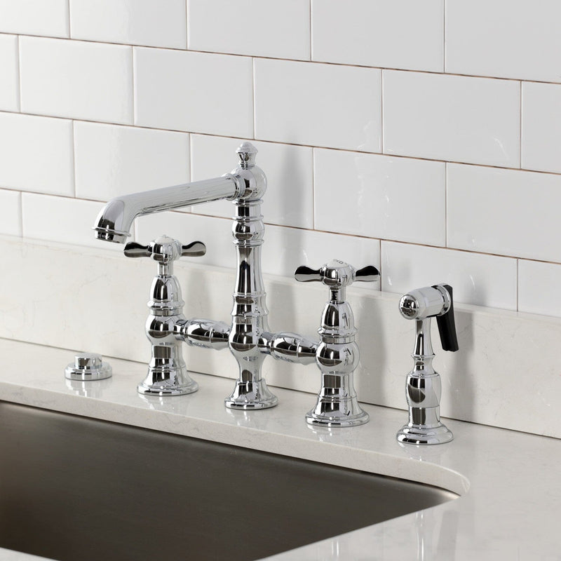 Essex Two-Handle 4-Hole Deck Mount Bridge Kitchen Faucet with Brass Side Sprayer