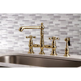 English Country Two-Handle 4-Hole Deck Mount Bridge Kitchen Faucet with Brass Sprayer