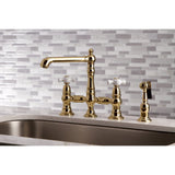 English Country Two-Handle 4-Hole Deck Mount Bridge Kitchen Faucet with Brass Sprayer