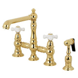 English Country Two-Handle 4-Hole Deck Mount Bridge Kitchen Faucet with Brass Sprayer