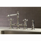 English Country Two-Handle 4-Hole Deck Mount Bridge Kitchen Faucet with Brass Sprayer