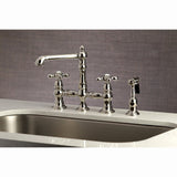 English Country Two-Handle 4-Hole Deck Mount Bridge Kitchen Faucet with Brass Sprayer