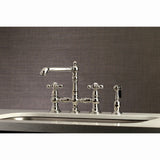 English Country Two-Handle 4-Hole Deck Mount Bridge Kitchen Faucet with Brass Sprayer
