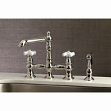 English Country Two-Handle 4-Hole Deck Mount Bridge Kitchen Faucet with Brass Sprayer