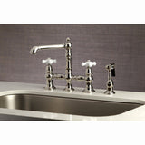English Country Two-Handle 4-Hole Deck Mount Bridge Kitchen Faucet with Brass Sprayer