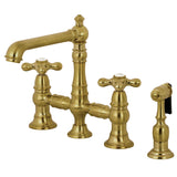 English Country Two-Handle 4-Hole Deck Mount Bridge Kitchen Faucet with Brass Sprayer