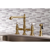 English Country Two-Handle 4-Hole Deck Mount Bridge Kitchen Faucet with Brass Sprayer