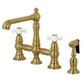 English Country Two-Handle 4-Hole Deck Mount Bridge Kitchen Faucet with Brass Sprayer
