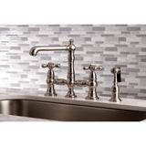 English Country Two-Handle 4-Hole Deck Mount Bridge Kitchen Faucet with Brass Sprayer