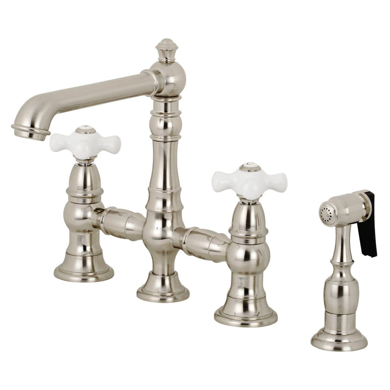 English Country Two-Handle 4-Hole Deck Mount Bridge Kitchen Faucet with Brass Sprayer