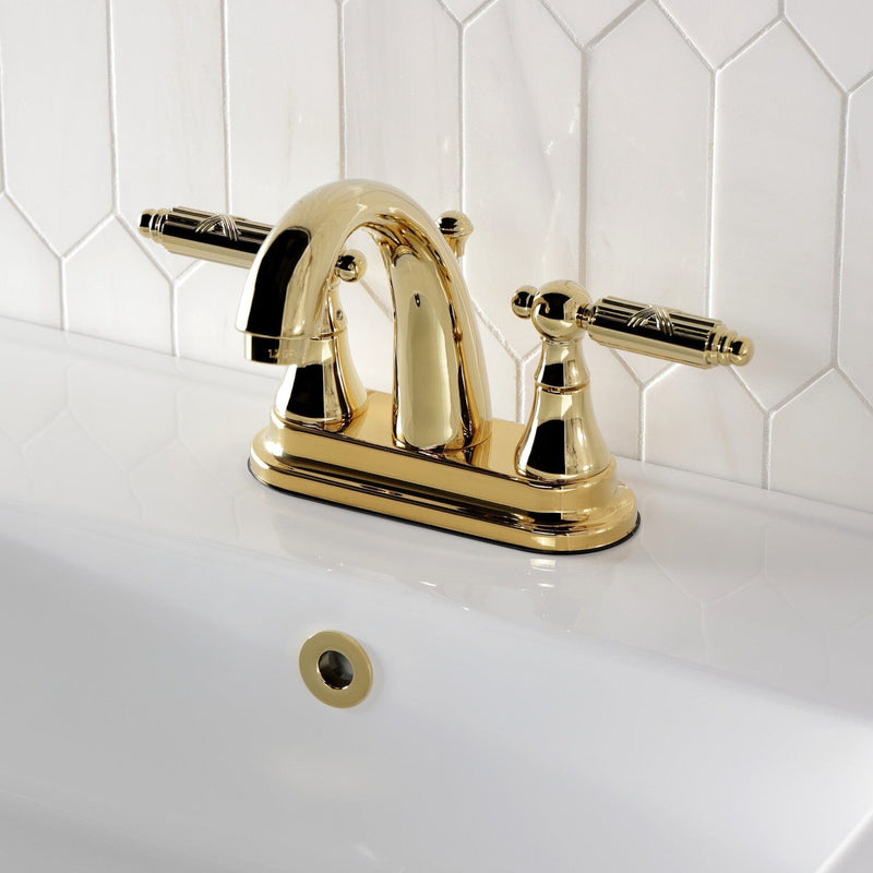 Georgian Double-Handle 3-Hole Deck Mount 4-Inch Centerset Bathroom Faucet with Brass Pop-Up