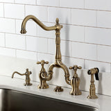 English Country Two-Handle 3-Hole Deck Mount Bridge Kitchen Faucet with Brass Side Sprayer