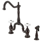 English Country Two-Handle 3-Hole Deck Mount Bridge Kitchen Faucet with Brass Side Sprayer