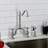 English Country Two-Handle 3-Hole Deck Mount Bridge Kitchen Faucet with Brass Side Sprayer