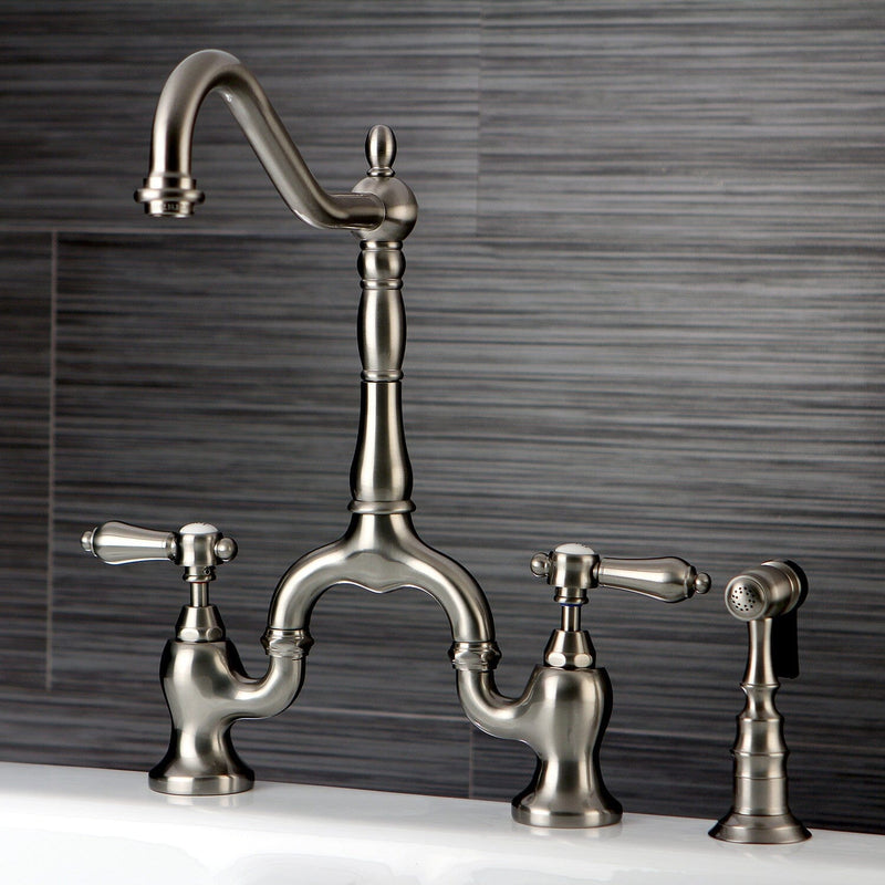 Heirloom Two-Handle 3-Hole Deck Mount Bridge Kitchen Faucet with Brass Side Sprayer