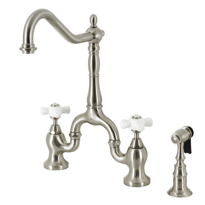 English Country Two-Handle 3-Hole Deck Mount Bridge Kitchen Faucet with Brass Side Sprayer