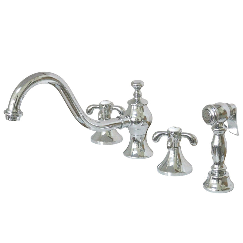 French Country Double-Handle 4-Hole Widespread Kitchen Faucet with Brass Sprayer