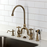 English Country Two-Handle 3-Hole Deck Mount Bridge Kitchen Faucet with Brass Side Sprayer