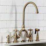 English Country Two-Handle 3-Hole Deck Mount Bridge Kitchen Faucet with Brass Side Sprayer
