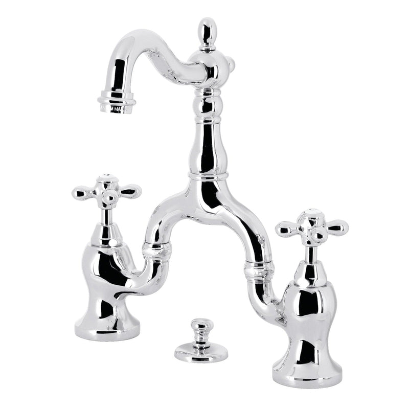 English Country Two-Handle 3-Hole Deck Mount Bridge Bathroom Faucet with Brass Pop-Up