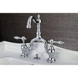 Tudor Two-Handle 3-Hole Deck Mount Bridge Bathroom Faucet with Brass Pop-Up