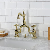 English Country Two-Handle 3-Hole Deck Mount Bridge Bathroom Faucet with Brass Pop-Up
