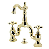 English Country Two-Handle 3-Hole Deck Mount Bridge Bathroom Faucet with Brass Pop-Up