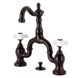 English Country Two-Handle 3-Hole Deck Mount Bridge Bathroom Faucet with Brass Pop-Up