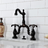 French Country Two-Handle 3-Hole Deck Mount Bridge Bathroom Faucet with Brass Pop-Up