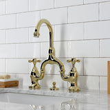 English Country Two-Handle 3-Hole Deck Mount Bridge Bathroom Faucet with Brass Pop-Up