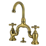 English Country Two-Handle 3-Hole Deck Mount Bridge Bathroom Faucet with Brass Pop-Up