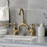 Tudor Two-Handle 3-Hole Deck Mount Bridge Bathroom Faucet with Brass Pop-Up