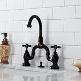 English Country Two-Handle 3-Hole Deck Mount Bridge Bathroom Faucet with Brass Pop-Up