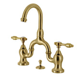 Tudor Two-Handle 3-Hole Deck Mount Bridge Bathroom Faucet with Brass Pop-Up