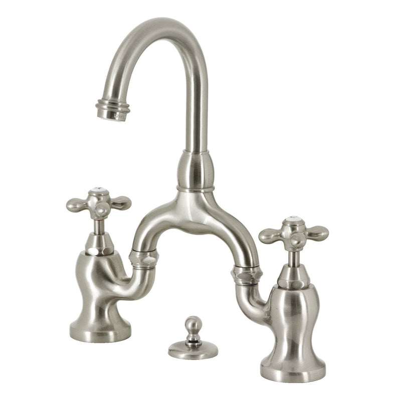 English Country Two-Handle 3-Hole Deck Mount Bridge Bathroom Faucet with Brass Pop-Up