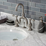 Tudor Two-Handle 3-Hole Deck Mount Bridge Bathroom Faucet with Brass Pop-Up