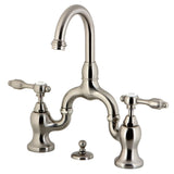 Tudor Two-Handle 3-Hole Deck Mount Bridge Bathroom Faucet with Brass Pop-Up
