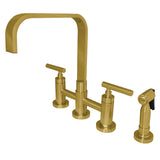 Manhattan Two-Handle 4-Hole Deck Mount Bridge Kitchen Faucet with Brass Side Sprayer