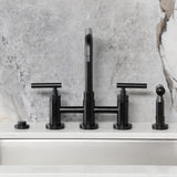 Manhattan Two-Handle 4-Hole Deck Mount Bridge Kitchen Faucet with Brass Sprayer