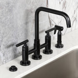 Manhattan Two-Handle 4-Hole Deck Mount Bridge Kitchen Faucet with Brass Sprayer