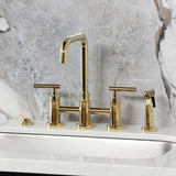 Manhattan Two-Handle 4-Hole Deck Mount Bridge Kitchen Faucet with Brass Sprayer