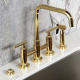 Manhattan Two-Handle 4-Hole Deck Mount Bridge Kitchen Faucet with Brass Sprayer