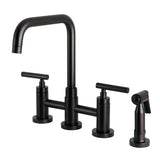 Manhattan Two-Handle 4-Hole Deck Mount Bridge Kitchen Faucet with Brass Sprayer
