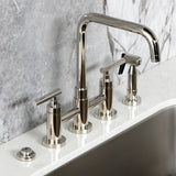 Manhattan Two-Handle 4-Hole Deck Mount Bridge Kitchen Faucet with Brass Sprayer