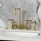 Manhattan Two-Handle 4-Hole Deck Mount Bridge Kitchen Faucet with Brass Sprayer