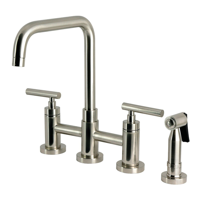 Manhattan Two-Handle 4-Hole Deck Mount Bridge Kitchen Faucet with Brass Sprayer