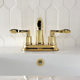 Double-Handle 3-Hole Deck Mount 4-Inch Centerset Bathroom Faucet with Brass Pop-Up